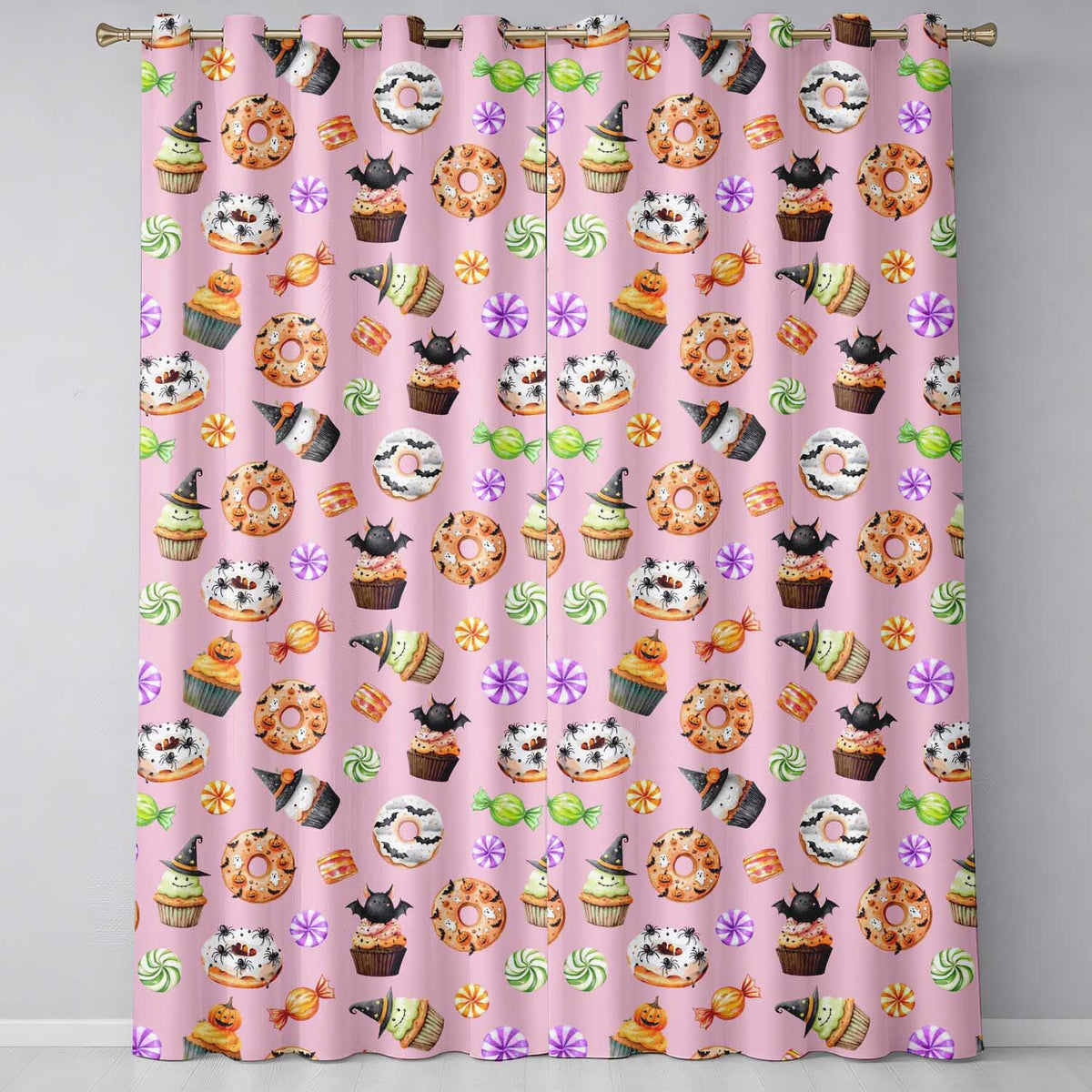 Cute Halloween Donuts Cupcakes Bats Candy and Pumpkins Pink Background   Readymade Eyelet Ring Top Thermal 100% Blackout Curtains