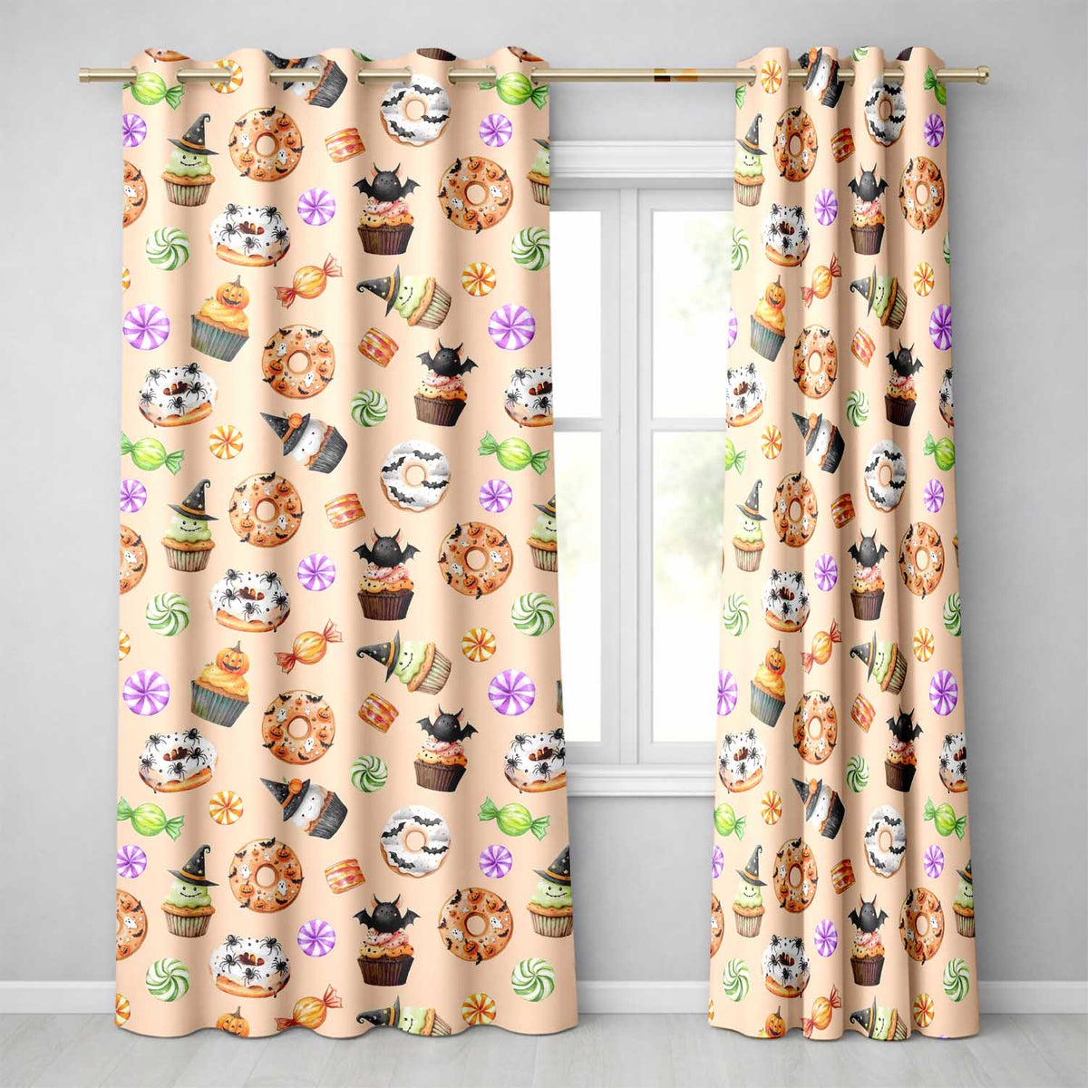 Cute Halloween Donuts Cupcakes Bats Candy and Pumpkins Beige Background   Readymade Eyelet Ring Top Thermal 100% Blackout Curtains