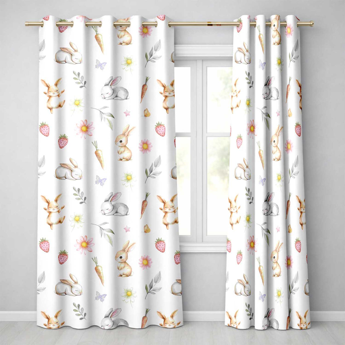 Bunny Rabbits with Flowers Carrots and Butterflies Soft Neutral Background   Readymade Eyelet Ring Top Thermal 100% Blackout Curtains