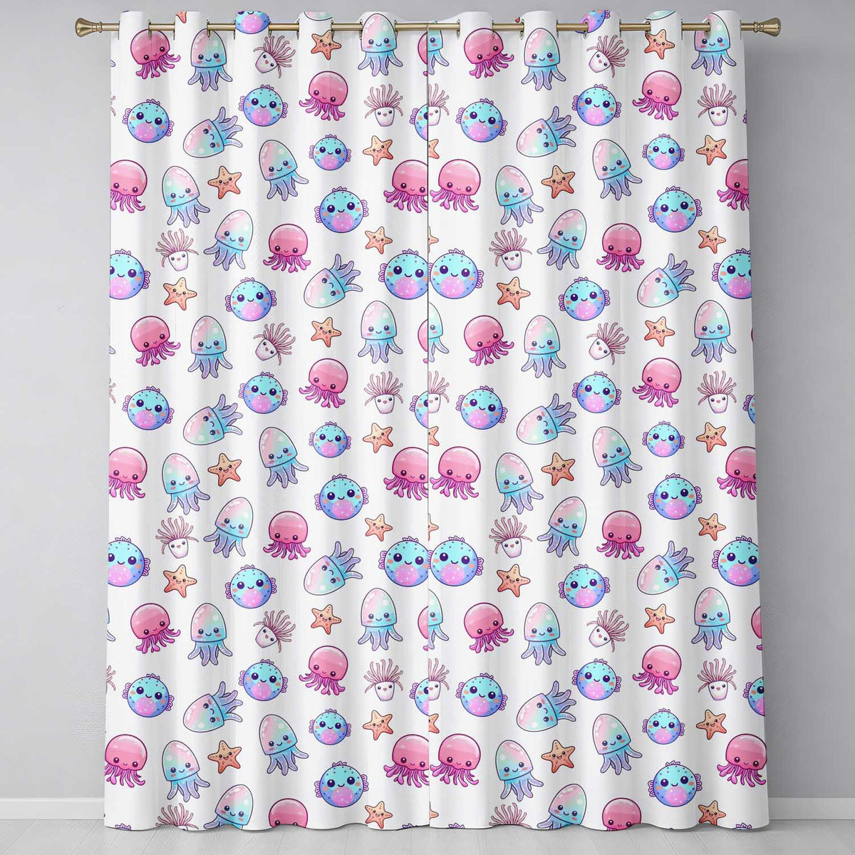 Kawaii Jellyfish Starfish and Sea Creatures Pastel Beige Background   Readymade Eyelet Ring Top Thermal 100% Blackout Curtains