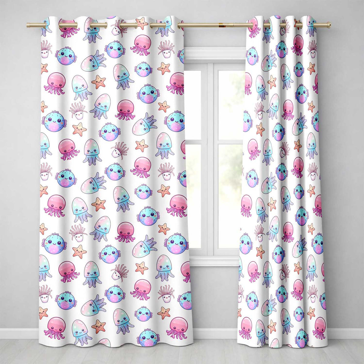 Kawaii Jellyfish Starfish and Sea Creatures Pastel Beige Background   Readymade Eyelet Ring Top Thermal 100% Blackout Curtains