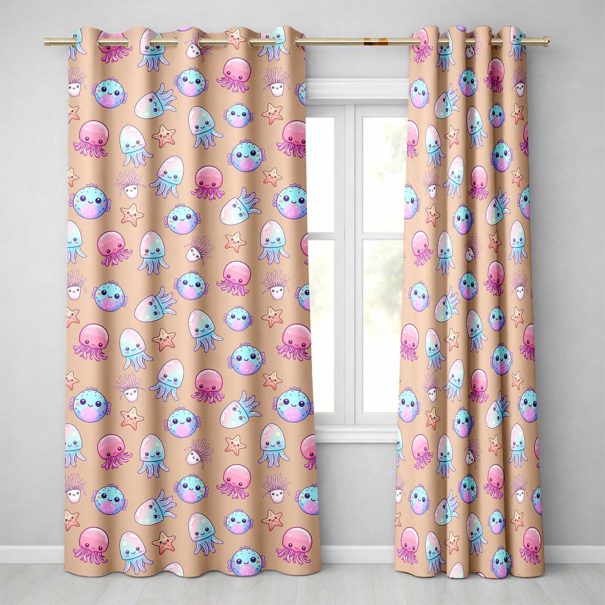 Kawaii Jellyfish Starfish and Sea Creatures Warm Peach Background   Readymade Eyelet Ring Top Thermal 100% Blackout Curtains