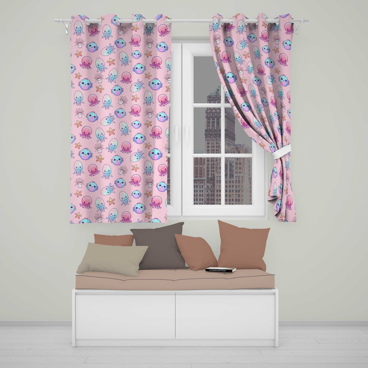 Jellyfish Starfish and Cute Sea Creatures Soft Blush Pink Background   Readymade Eyelet Ring Top Thermal 100% Blackout Curtains