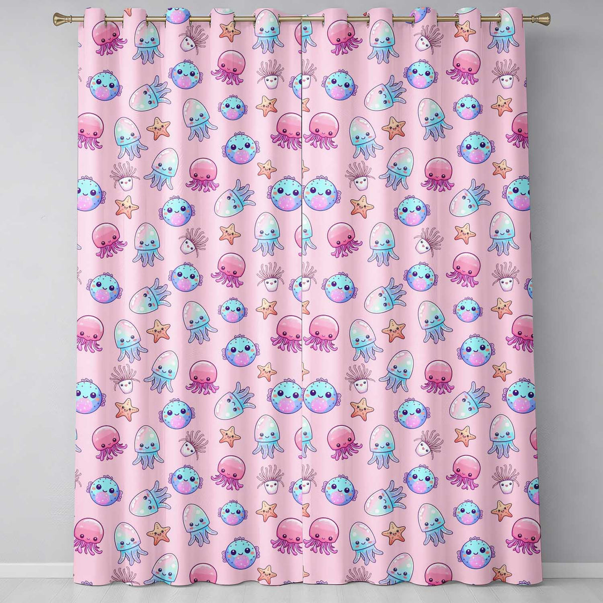Jellyfish Starfish and Cute Sea Creatures Soft Blush Pink Background   Readymade Eyelet Ring Top Thermal 100% Blackout Curtains