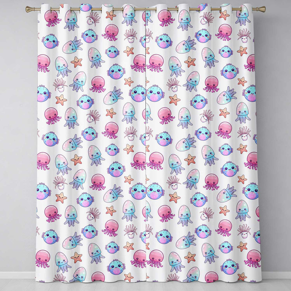 Kawaii Jellyfish Starfish and Sea Creatures Light Grey Background   Readymade Eyelet Ring Top Thermal 100% Blackout Curtains