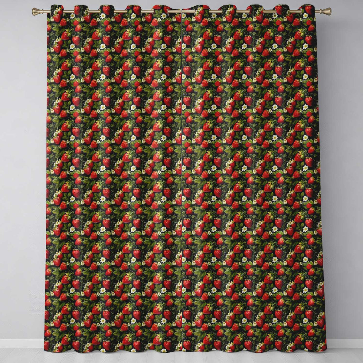 Rich Vintage Strawberries Leaves and Blossoms on Dark Background   Readymade Eyelet Ring Top Thermal 100% Blackout Curtains