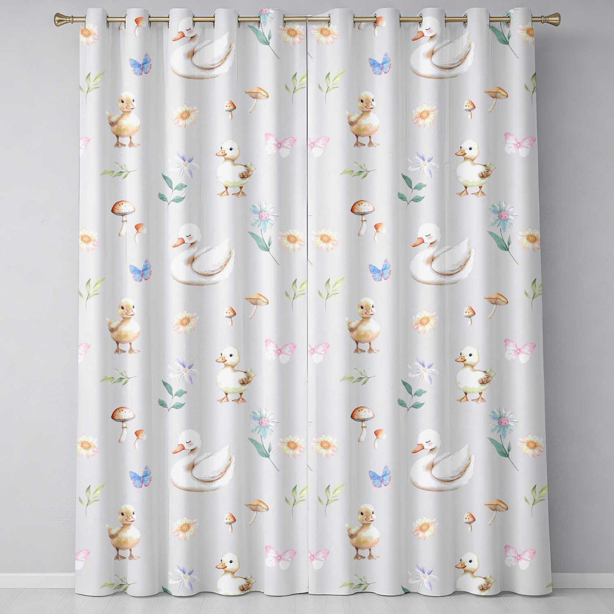Cute Swan Ducklings Mushrooms and Flowers on Grey Background   Readymade Eyelet Ring Top Thermal 100% Blackout Curtains