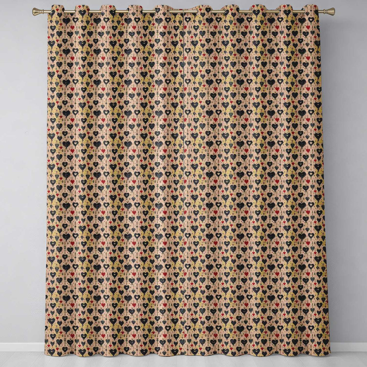 Grunge Gothic Heart and Red Accent Ornamental Seamless Pattern  Readymade Eyelet Ring Top Thermal 100% Blackout Curtains