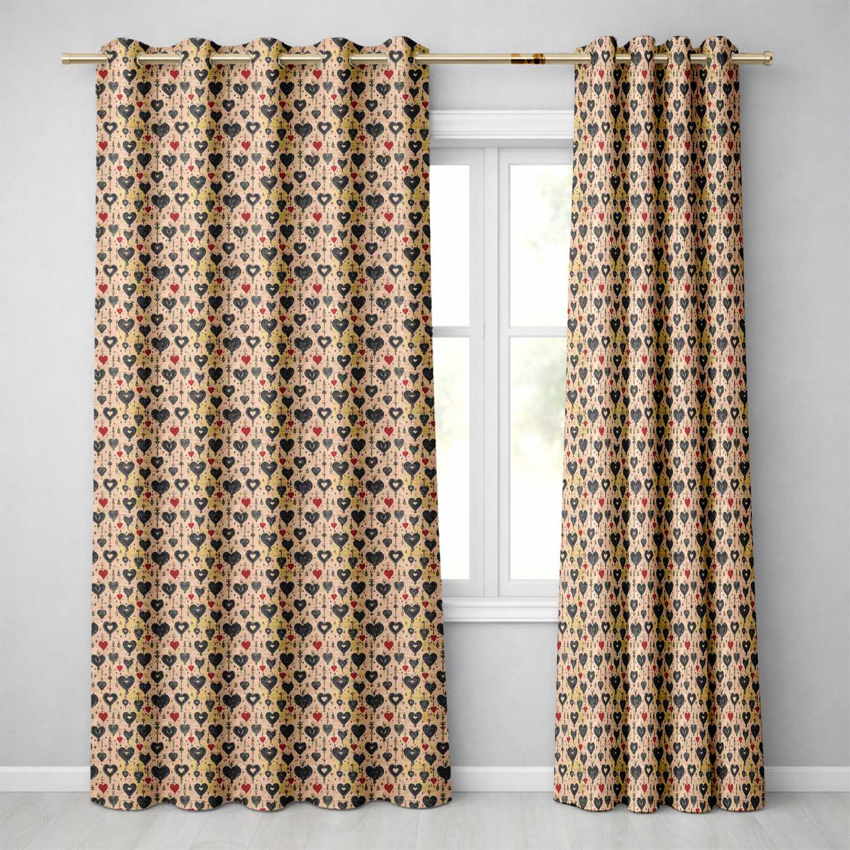 Grunge Gothic Heart and Red Accent Ornamental Seamless Pattern  Readymade Eyelet Ring Top Thermal 100% Blackout Curtains