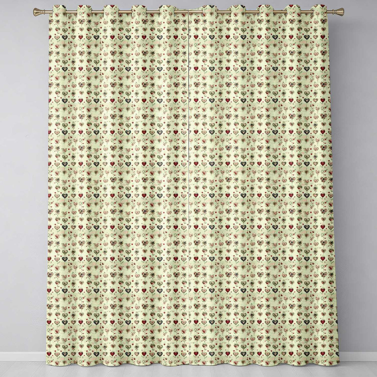 Elegant Vintage Hanging Heart and Floral Vine Seamless Pattern  Readymade Eyelet Ring Top Thermal 100% Blackout Curtains