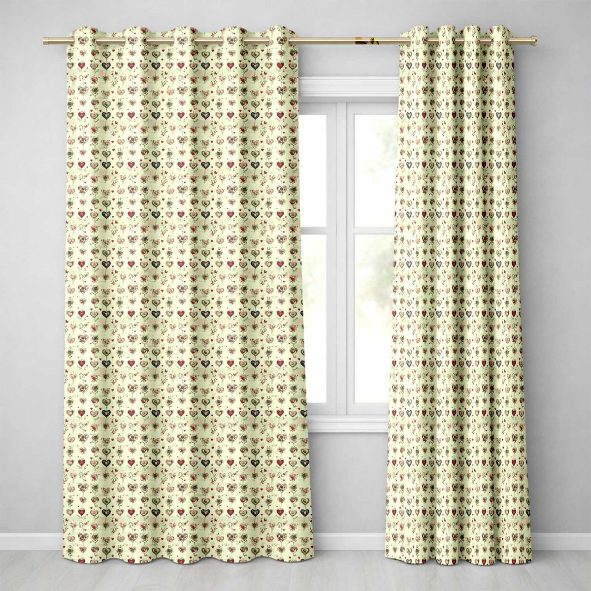 Elegant Vintage Hanging Heart and Floral Vine Seamless Pattern  Readymade Eyelet Ring Top Thermal 100% Blackout Curtains