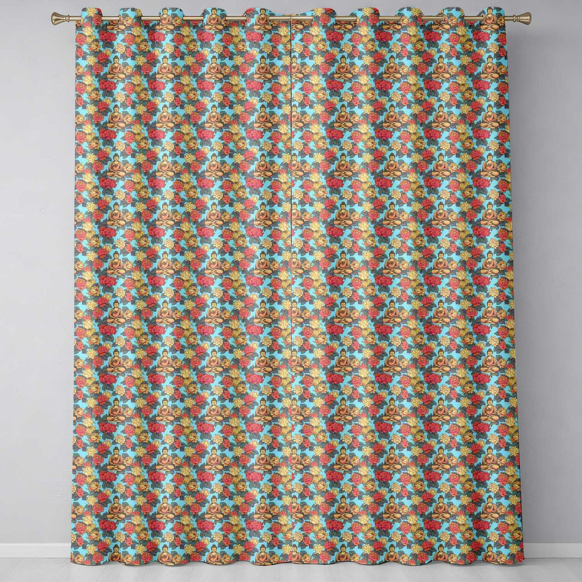 Buddha with Vibrant Floral Garden Blue Background Seamless Pattern  Readymade Eyelet Ring Top Thermal 100% Blackout Curtains
