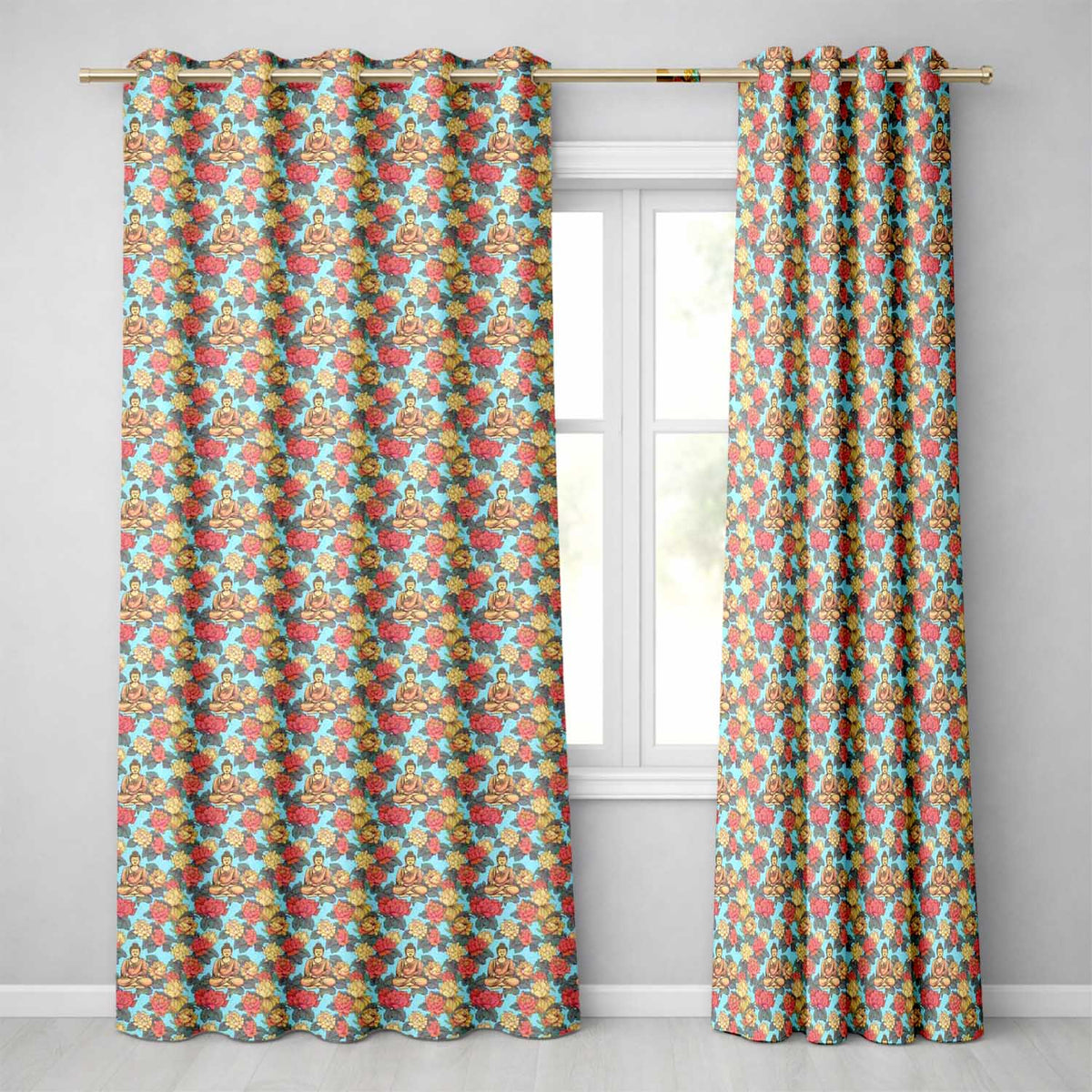 Buddha with Vibrant Floral Garden Blue Background Seamless Pattern  Readymade Eyelet Ring Top Thermal 100% Blackout Curtains