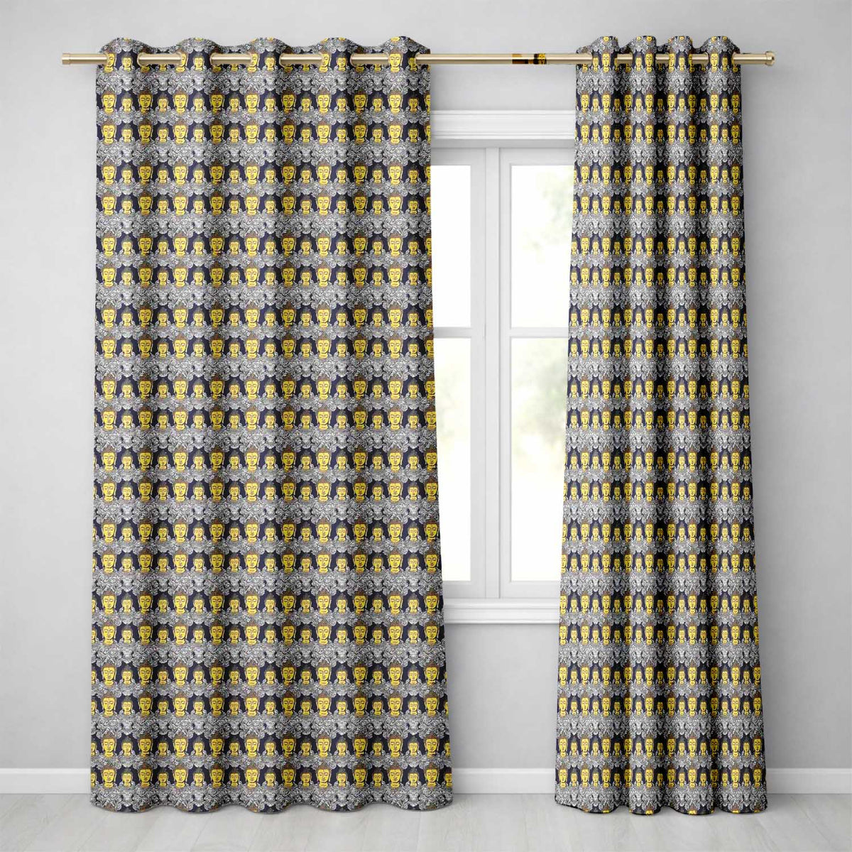 Ornate Buddha Faces with Detailed Pattern Seamless Design  Readymade Eyelet Ring Top Thermal 100% Blackout Curtains