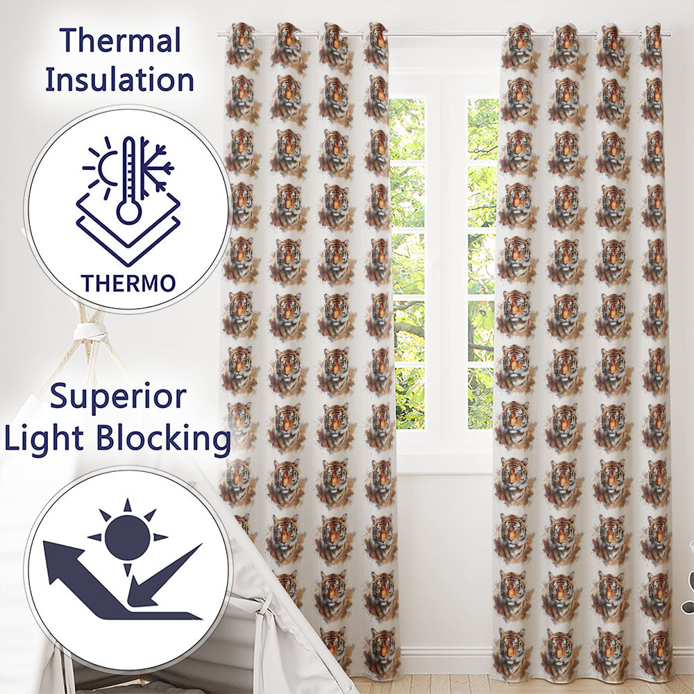 Realistic Tiger Portrait Splash Art Seamless Pattern  Readymade Eyelet Ring Top Thermal 100% Blackout Curtains