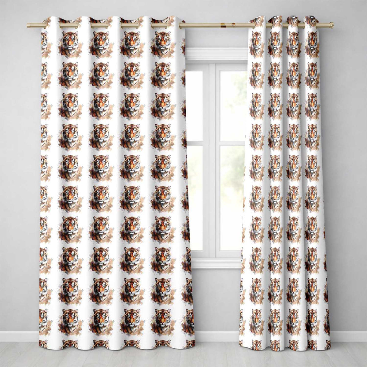 Realistic Tiger Portrait Splash Art Seamless Pattern  Readymade Eyelet Ring Top Thermal 100% Blackout Curtains