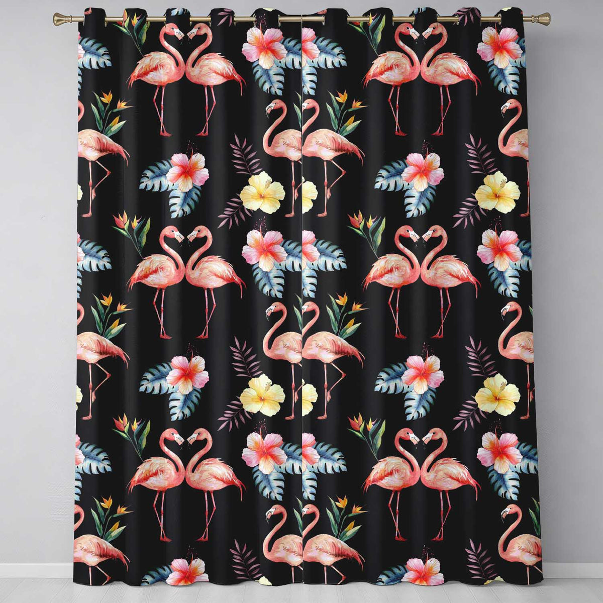 Elegant Pink Flamingos Tropical Flowers on Black Background Seamless Pattern  Readymade Eyelet Ring Top Thermal 100% Blackout Curtains