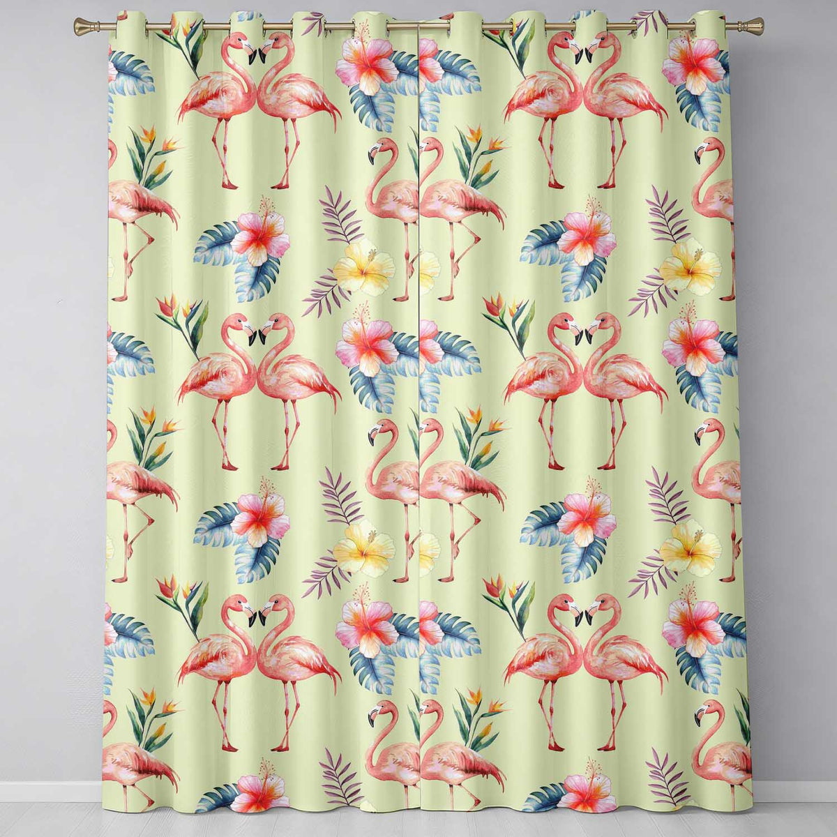 Elegant Pink Flamingos Tropical Flowers on Beige Background Seamless Pattern  Readymade Eyelet Ring Top Thermal 100% Blackout Curtains