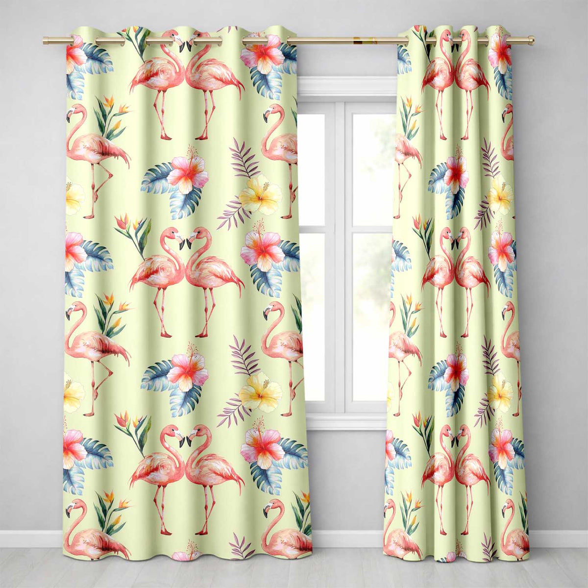 Elegant Pink Flamingos Tropical Flowers on Beige Background Seamless Pattern  Readymade Eyelet Ring Top Thermal 100% Blackout Curtains