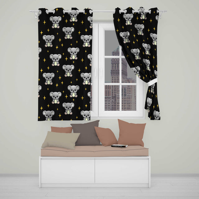 Cute Cartoon Koala Bears with Yellow Stars on Black Background Seamless Pattern  Readymade Eyelet Ring Top Thermal 100% Blackout Curtains