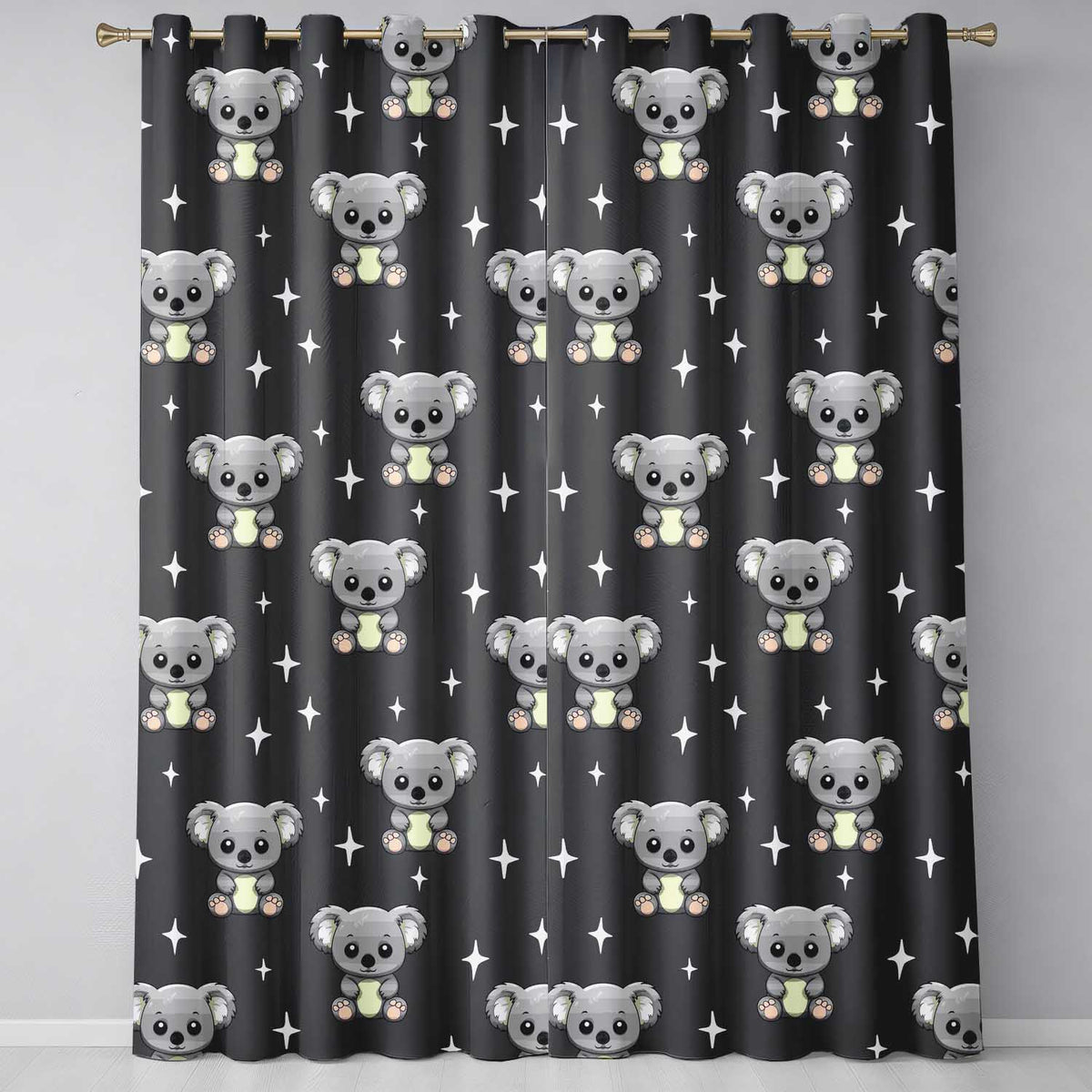 Cute Cartoon Koala Bears with White Stars on Dark Grey Background   Readymade Eyelet Ring Top Thermal 100% Blackout Curtains
