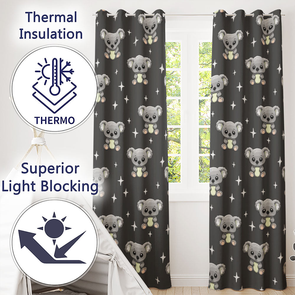 Cute Cartoon Koala Bears with White Stars on Dark Grey Background   Readymade Eyelet Ring Top Thermal 100% Blackout Curtains