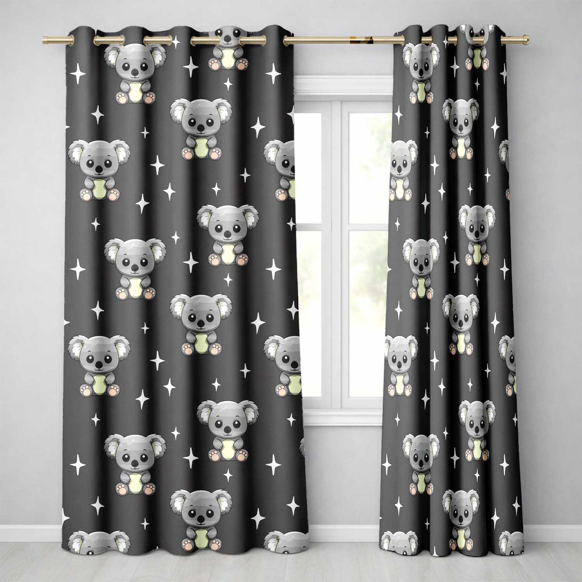 Cute Cartoon Koala Bears with White Stars on Dark Grey Background   Readymade Eyelet Ring Top Thermal 100% Blackout Curtains