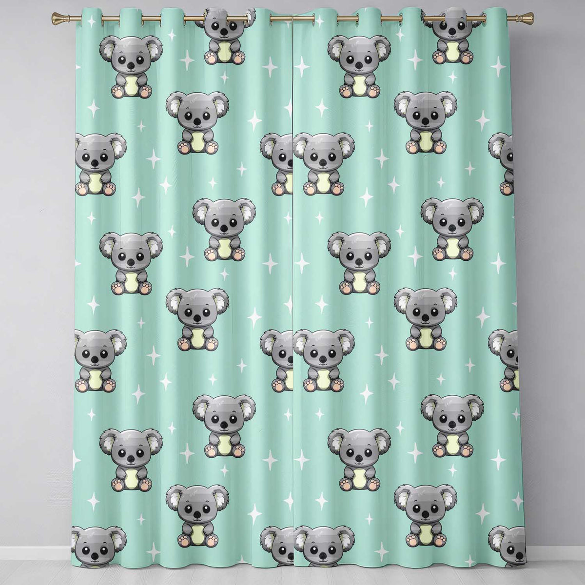 Cute Cartoon Koala Bears with White Stars on Mint Green Background   Readymade Eyelet Ring Top Thermal 100% Blackout Curtains