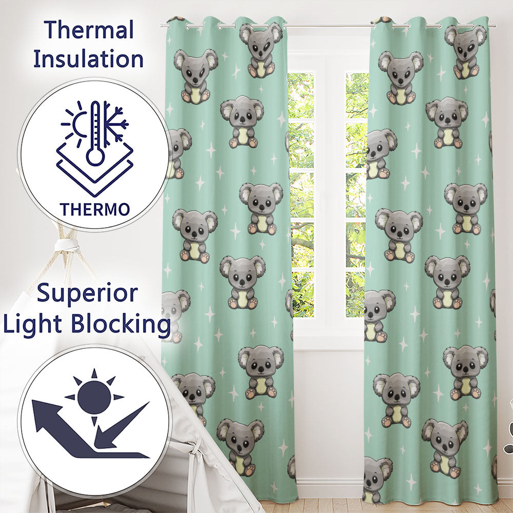 Cute Cartoon Koala Bears with White Stars on Mint Green Background   Readymade Eyelet Ring Top Thermal 100% Blackout Curtains
