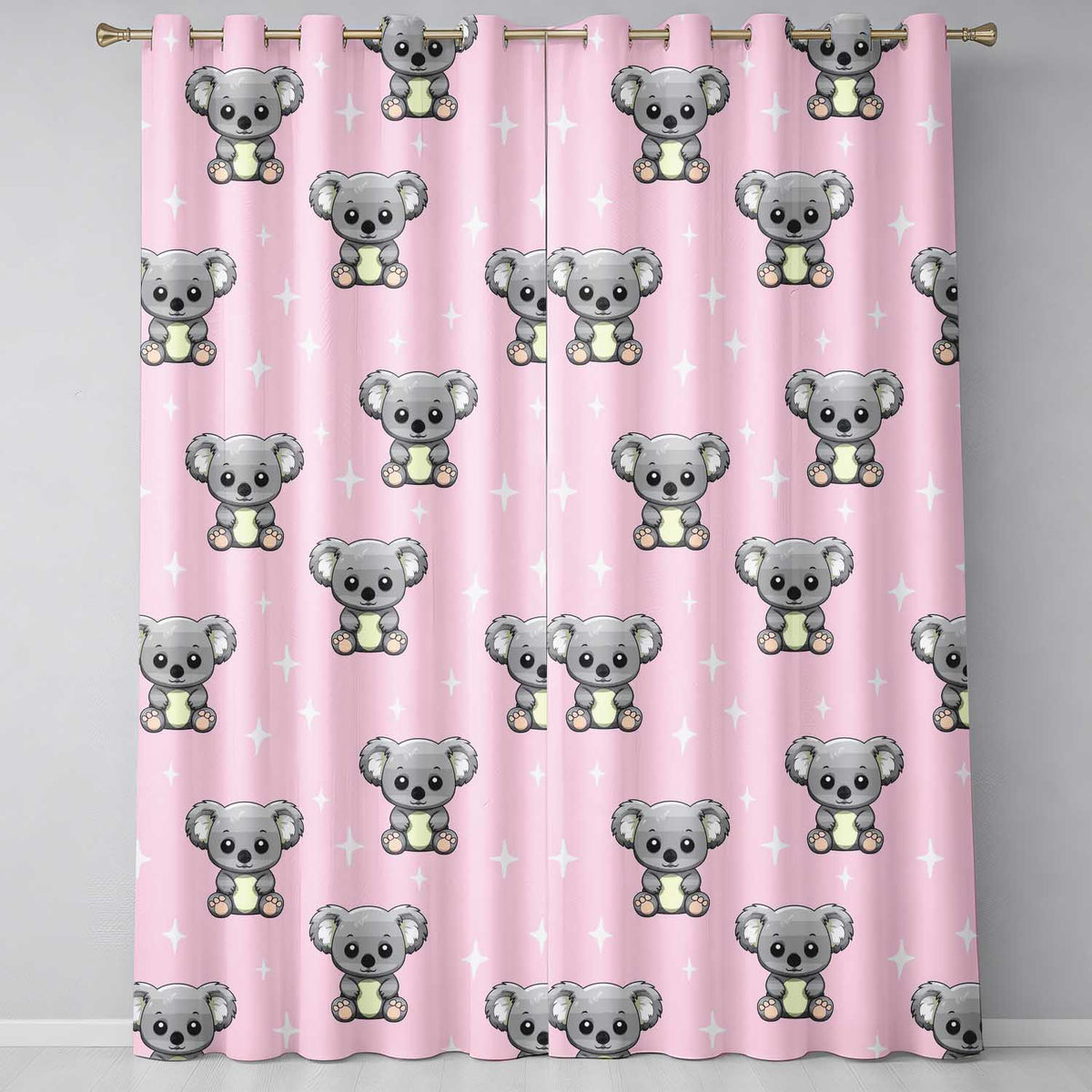 Cute Cartoon Koala Bears with White Stars on Soft Pink Background   Readymade Eyelet Ring Top Thermal 100% Blackout Curtains