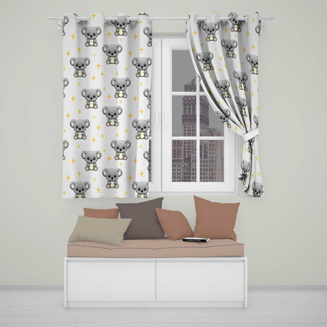 Cute Cartoon Koala Bears with Yellow Stars on Light Grey Background   Readymade Eyelet Ring Top Thermal 100% Blackout Curtains