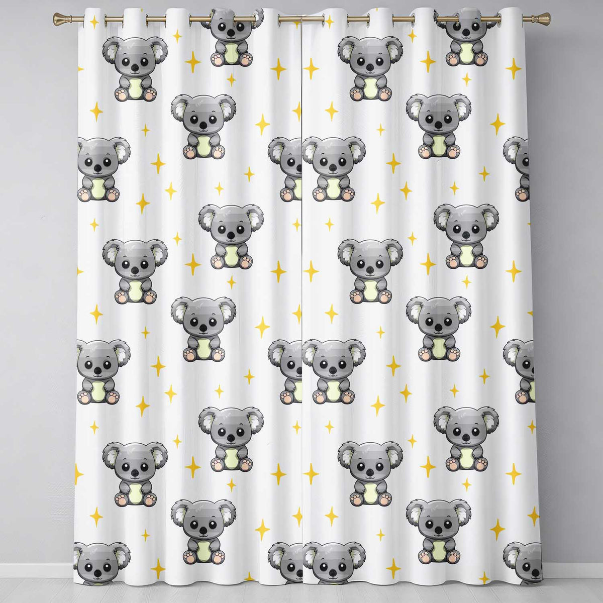 Cute Cartoon Koala Bears with Yellow Stars on Light Grey Background   Readymade Eyelet Ring Top Thermal 100% Blackout Curtains