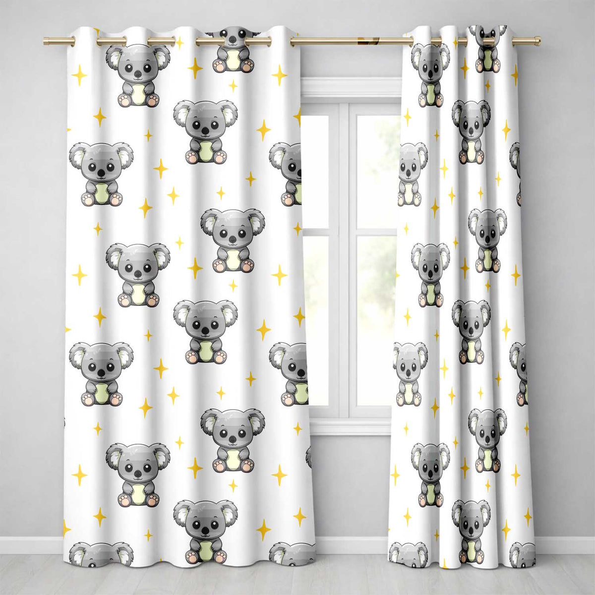 Cute Cartoon Koala Bears with Yellow Stars on Light Grey Background   Readymade Eyelet Ring Top Thermal 100% Blackout Curtains