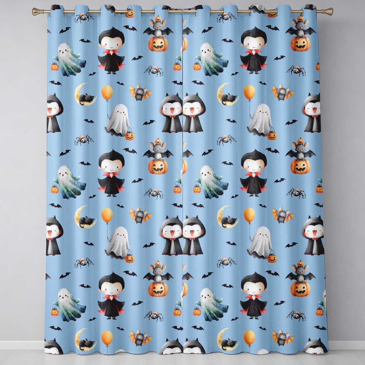 Cute Halloween Dracula Ghost Bats on Blue Background Seamless Pattern  Readymade Eyelet Ring Top Thermal 100% Blackout Curtains
