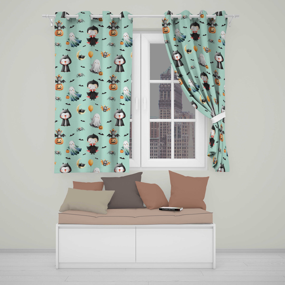Cute Halloween Dracula Ghost Bats on Mint Green Background Seamless Pattern  Readymade Eyelet Ring Top Thermal 100% Blackout Curtains