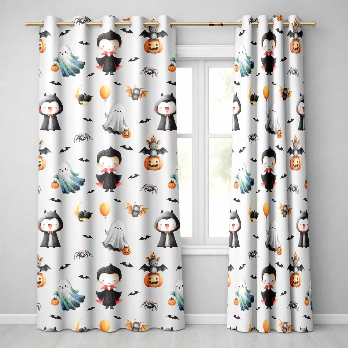 Cute Halloween Dracula Ghost Bats on Light Grey Background Seamless Pattern  Readymade Eyelet Ring Top Thermal 100% Blackout Curtains