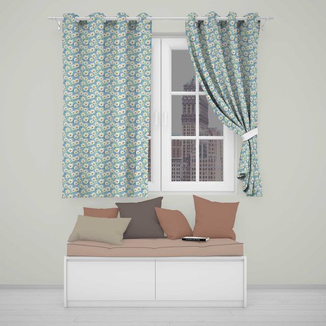Light Blue Watercolor Daisy Scatter Seamless Pattern  Readymade Eyelet Ring Top Thermal 100% Blackout Curtains