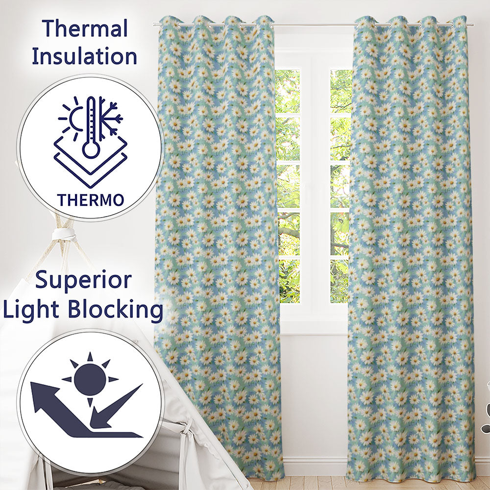 Light Blue Watercolor Daisy Scatter Seamless Pattern  Readymade Eyelet Ring Top Thermal 100% Blackout Curtains