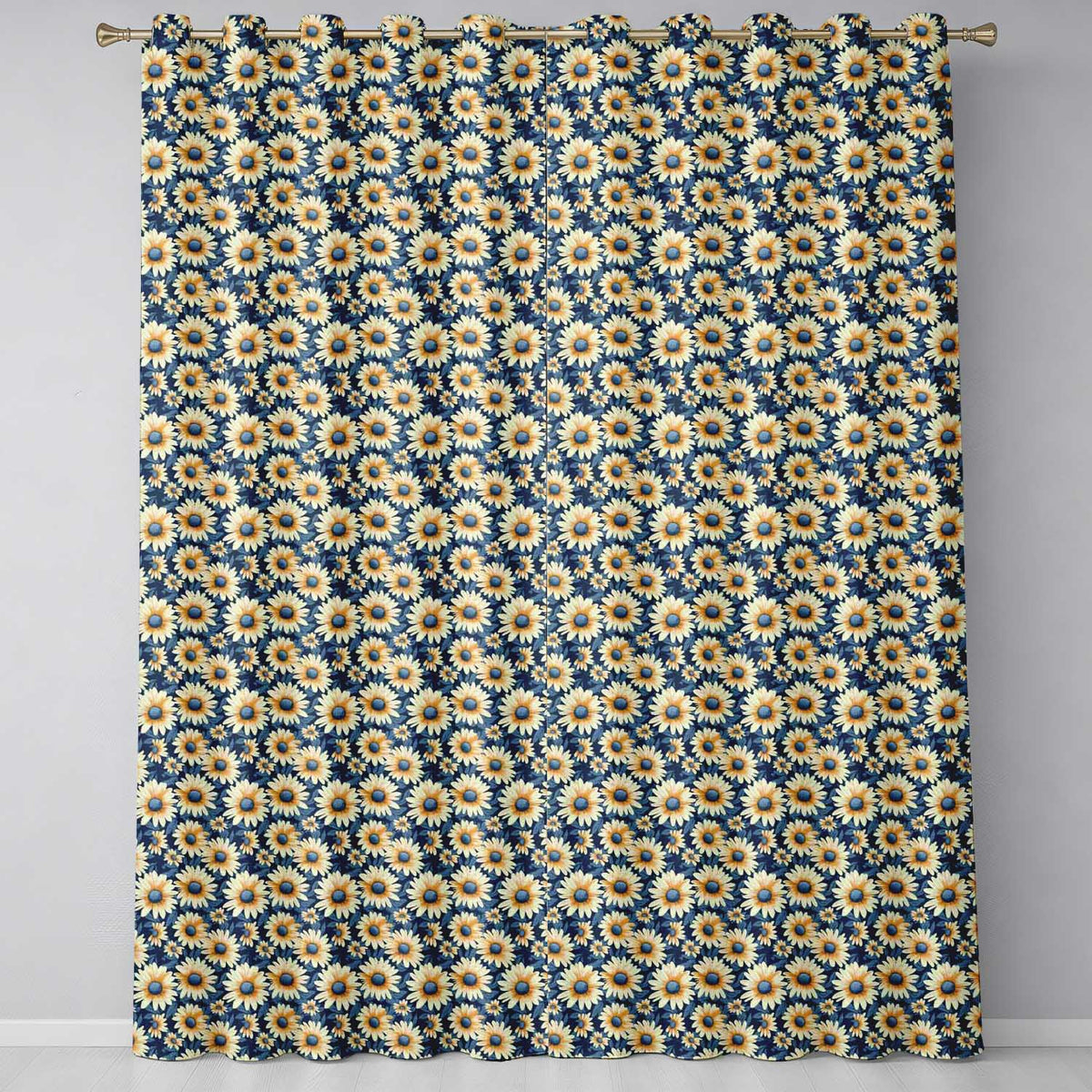 Navy Blue Background Yellow Daisy Floral Seamless Pattern  Readymade Eyelet Ring Top Thermal 100% Blackout Curtains