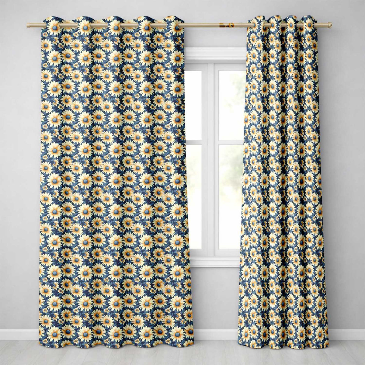 Navy Blue Background Yellow Daisy Floral Seamless Pattern  Readymade Eyelet Ring Top Thermal 100% Blackout Curtains