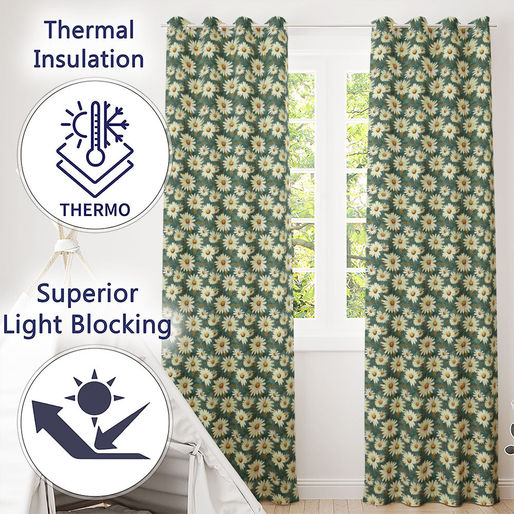 Dark Teal Background White Daisy Floral Seamless Pattern  Readymade Eyelet Ring Top Thermal 100% Blackout Curtains