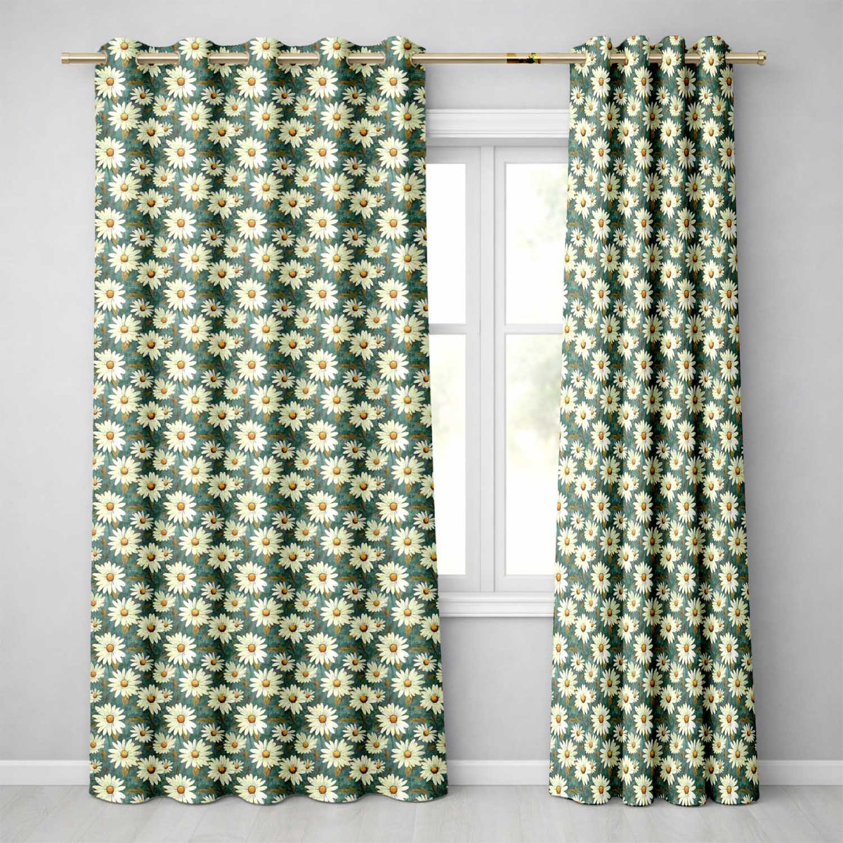 Dark Teal Background White Daisy Floral Seamless Pattern  Readymade Eyelet Ring Top Thermal 100% Blackout Curtains