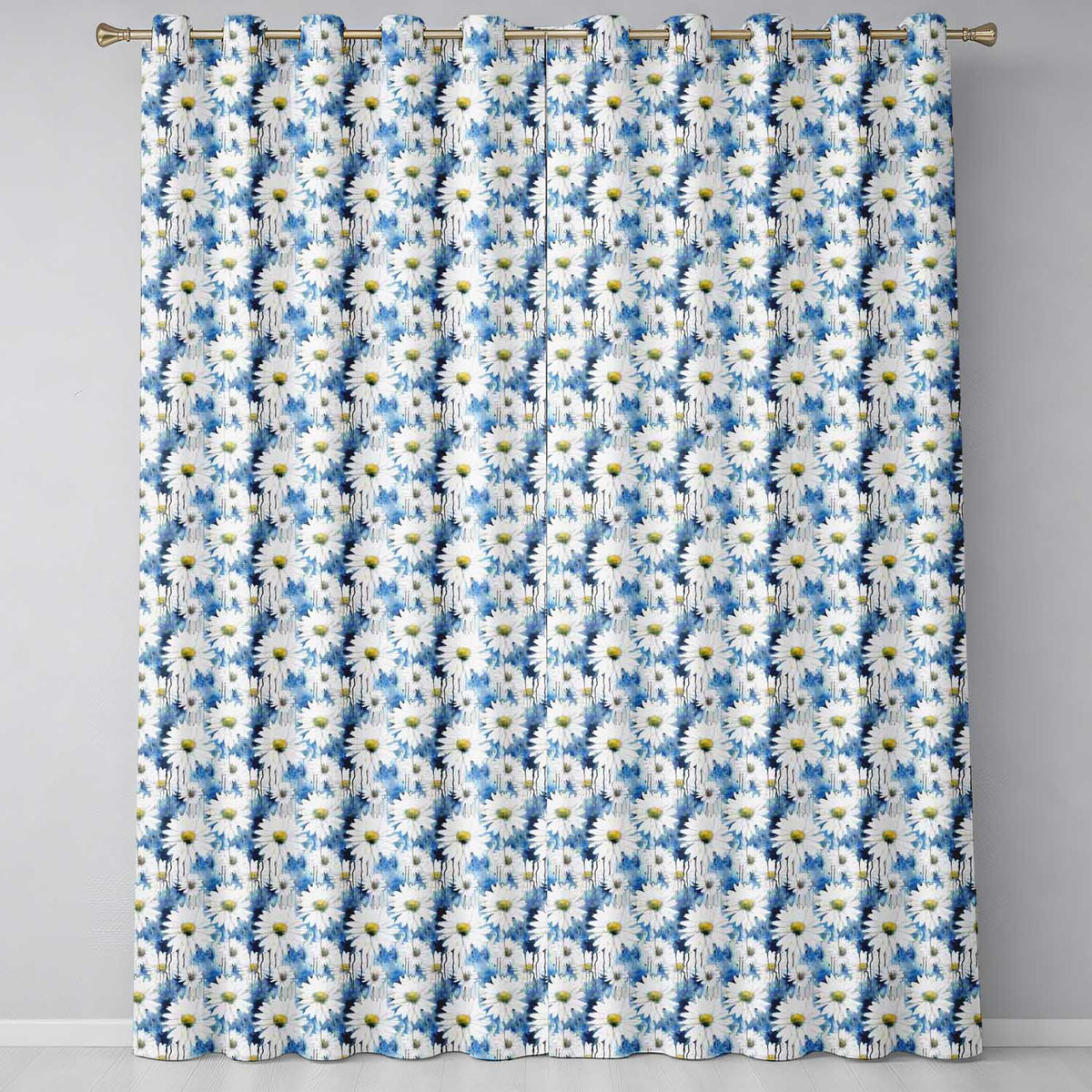 Blue Watercolor Drip Daisy Artistic Seamless Pattern  Readymade Eyelet Ring Top Thermal 100% Blackout Curtains