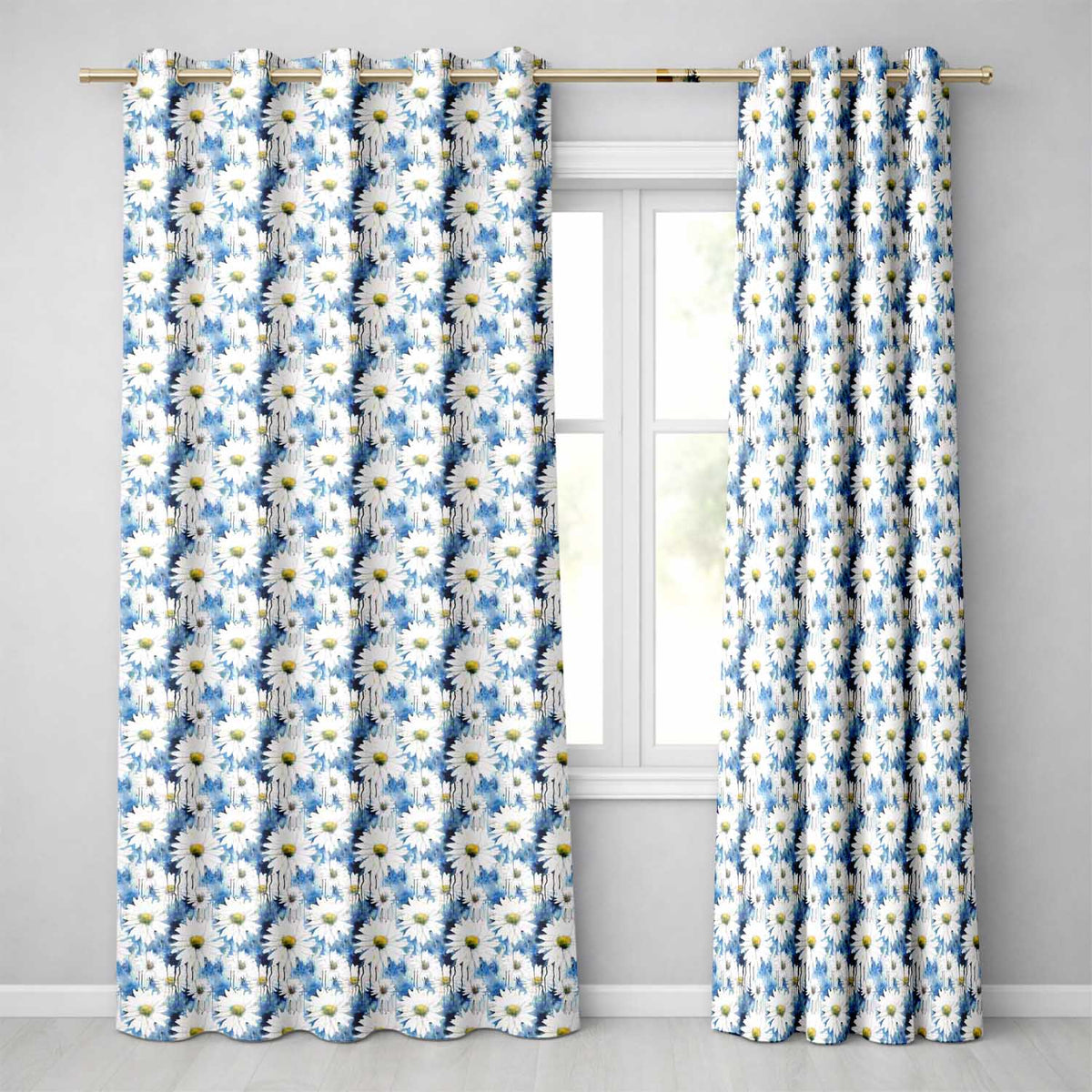 Blue Watercolor Drip Daisy Artistic Seamless Pattern  Readymade Eyelet Ring Top Thermal 100% Blackout Curtains