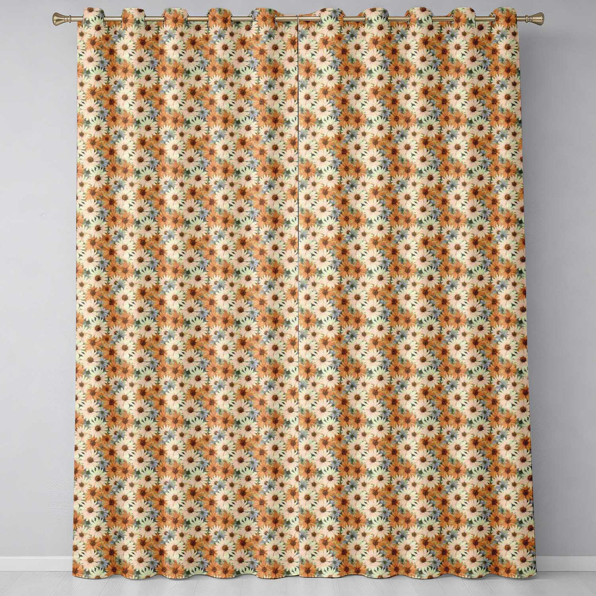 Rustic Orange and Cream Daisy Floral Seamless Pattern  Readymade Eyelet Ring Top Thermal 100% Blackout Curtains