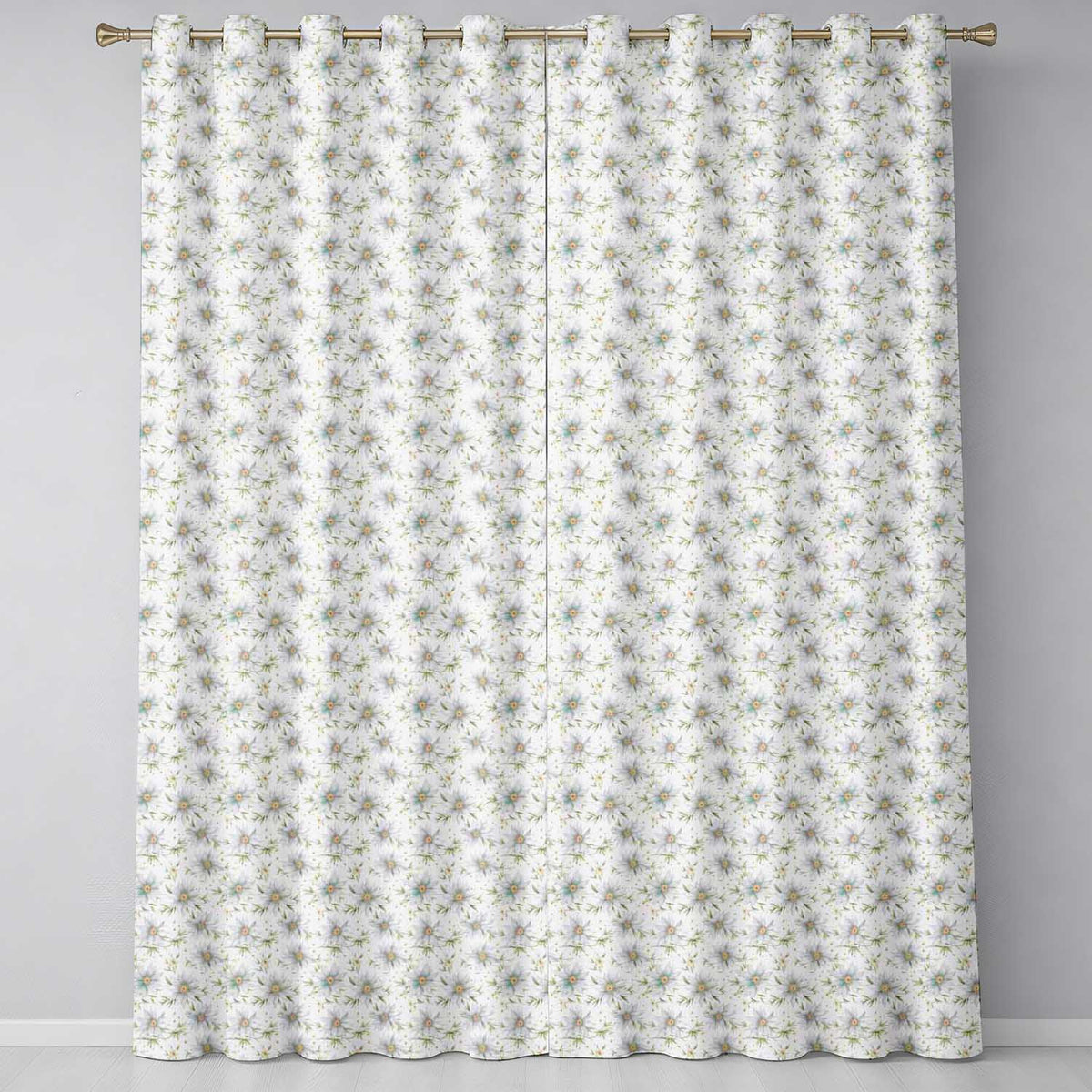 Soft Blue Floral with Gold Speckle Seamless Pattern  Readymade Eyelet Ring Top Thermal 100% Blackout Curtains