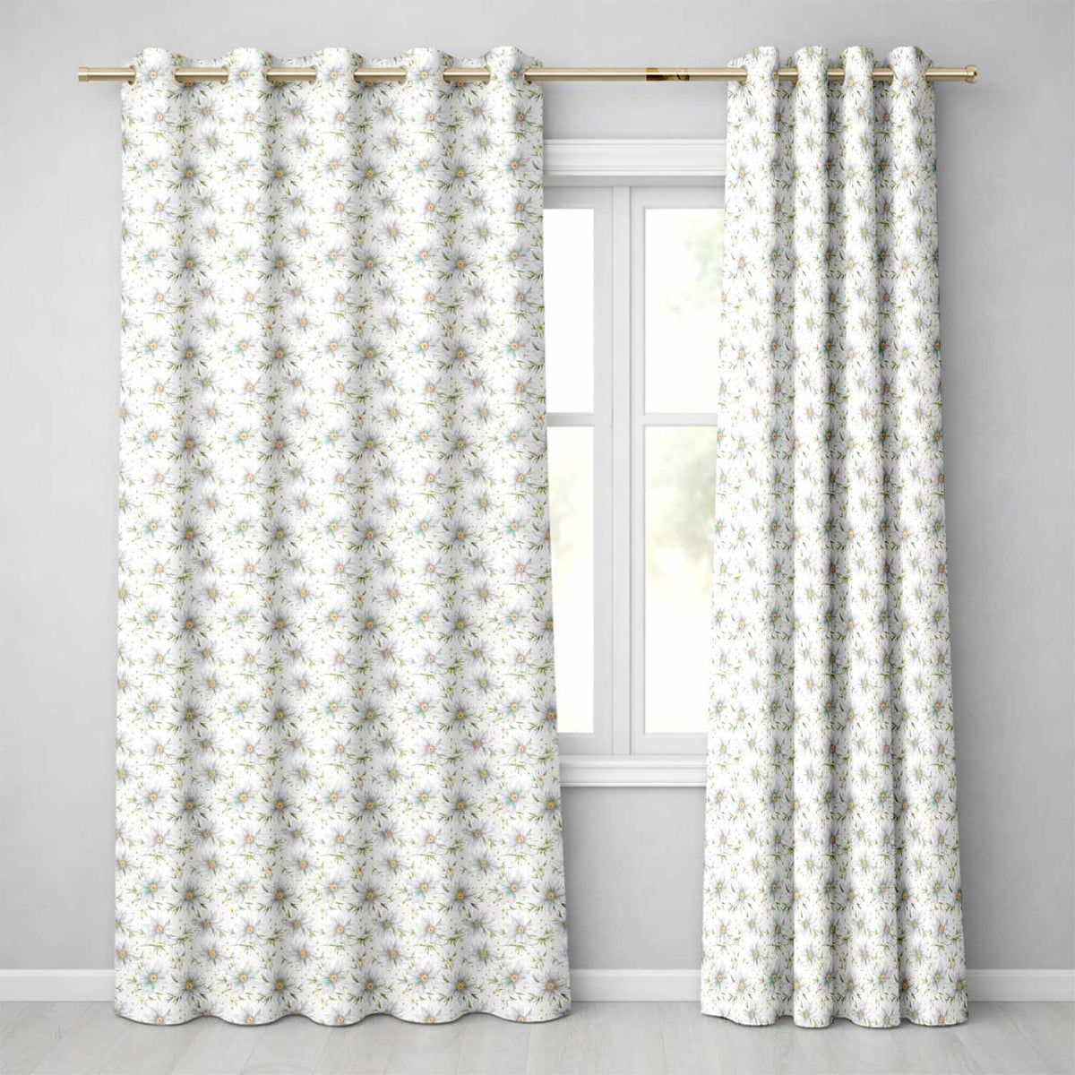 Soft Blue Floral with Gold Speckle Seamless Pattern  Readymade Eyelet Ring Top Thermal 100% Blackout Curtains