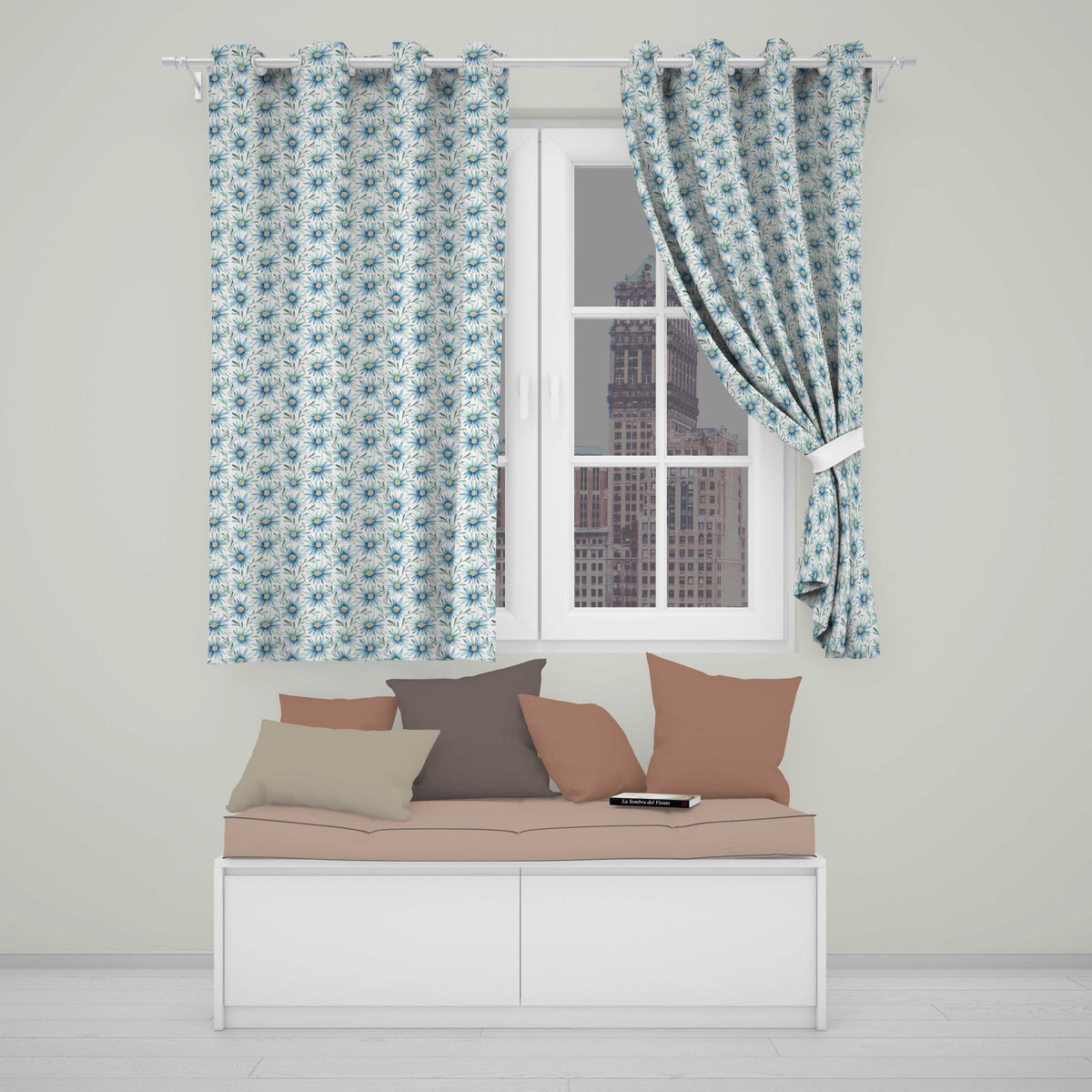 Cool Blue Daisy Style Floral Seamless Pattern  Readymade Eyelet Ring Top Thermal 100% Blackout Curtains