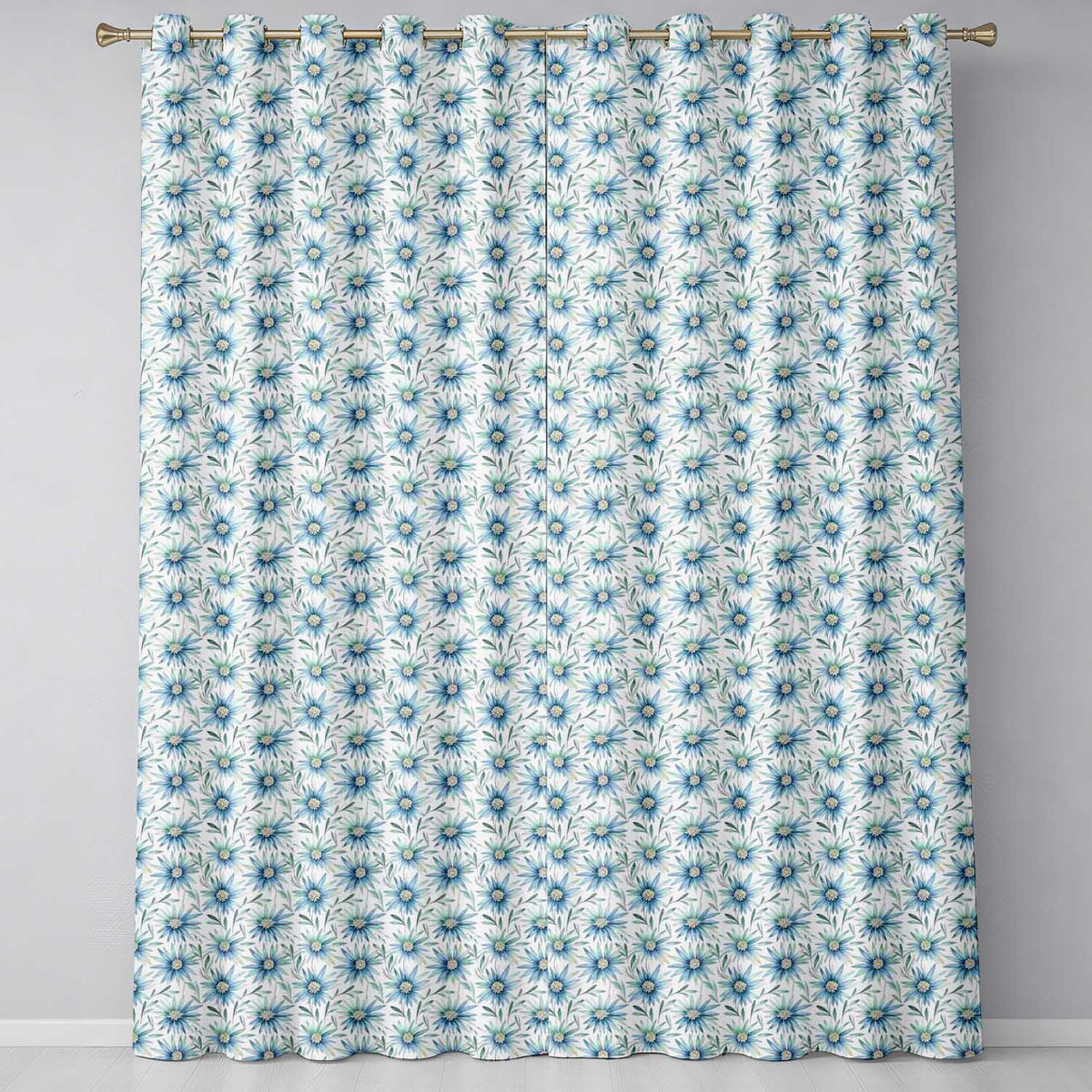 Cool Blue Daisy Style Floral Seamless Pattern  Readymade Eyelet Ring Top Thermal 100% Blackout Curtains