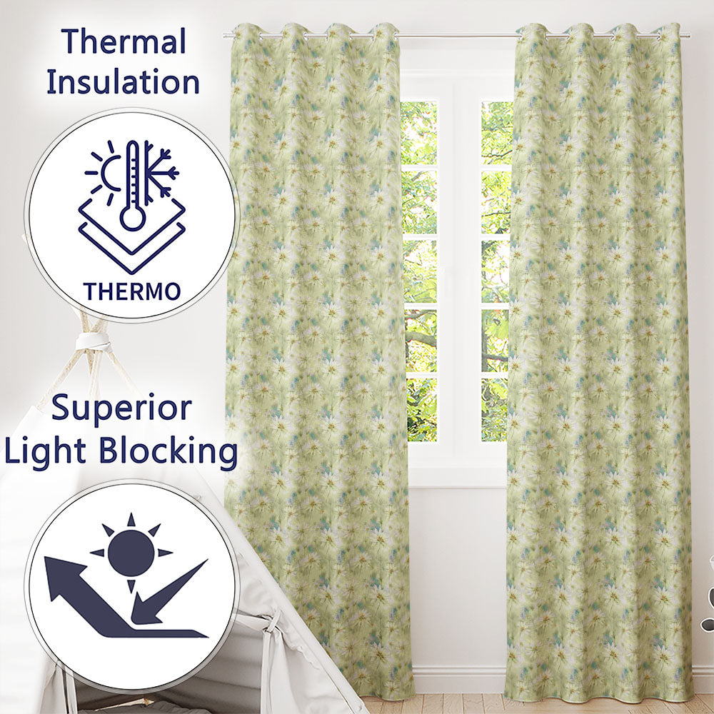 Soft Meadow Green Wildflower Botanical Seamless Pattern  Readymade Eyelet Ring Top Thermal 100% Blackout Curtains